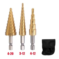3pcs 3 124 124 20mm hss straight groove step drill bit titanium coated wood metal hole cutter core cone drilling tools set