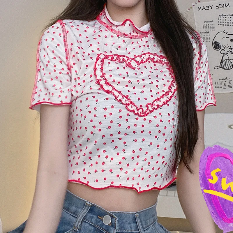 

2021 Ladies’s Summer Short Sleeve T-shirt Fashion Floral Heart Printing Slim Fit Exposed Navel Tops