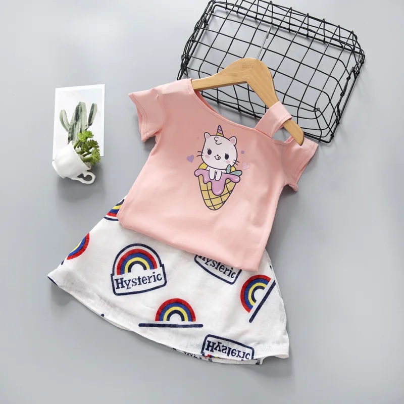 

Summer New Korean Girls off-kids set Summer Fashion Style Girls Clothing Sets Cartoon T-shirt+ Skirt Children Clothes Kids set