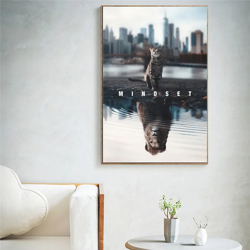 

Print Text Animal Canvas Painting Mindset Is Everything Motivational Cat Lion Canvas Art Picture for Living Room Home Decor