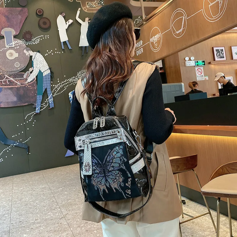 

Fancy Frills Butterfly Print Women's Backpack Rhinestone Mochilas Microfiber Synthetic Leather Fashion Mini Backpack