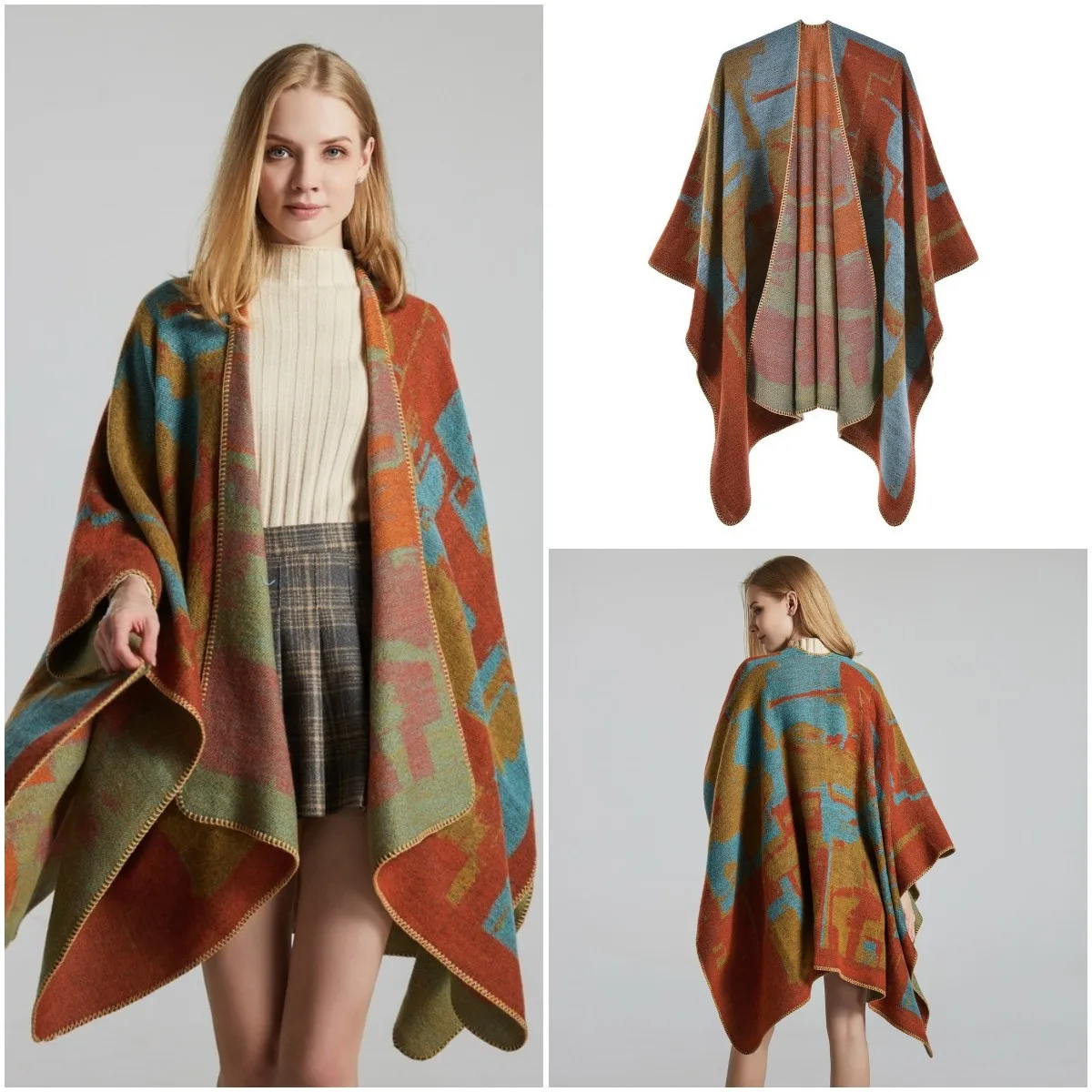 

JTVOVO 2021 New Autumn And Winter Imitation Cashmere Thick Warmth Shawl Women's Jacquard Split Cloak Air Conditioning Blanket