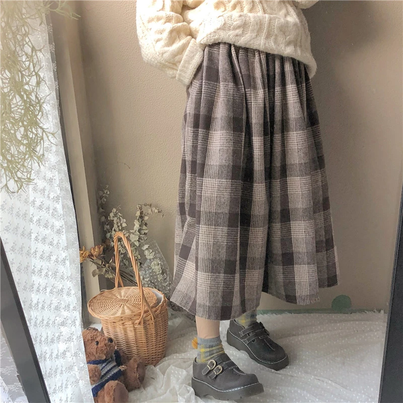 

Women Spring Autumn Fashion Korea Style Elastic Waist Plaided Vintage Empire Waist Pleated Casual Sweet Student Brown Chic Skirt