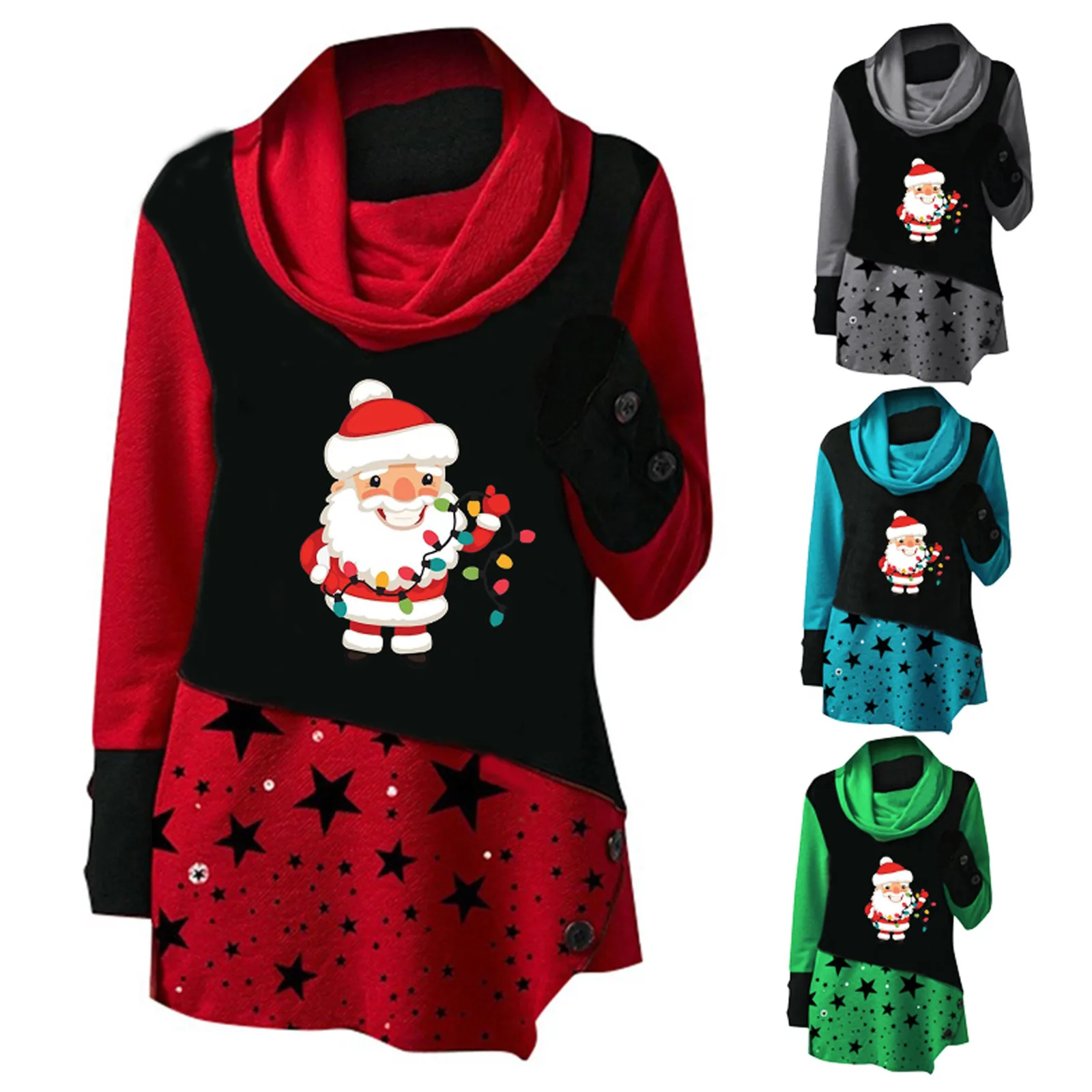 

2021 Santa Claus Print Sweatshirt Fashion Women Christmas Print Stitching Piles Collar Long Sleeves Tops Clothing Bluza #dz