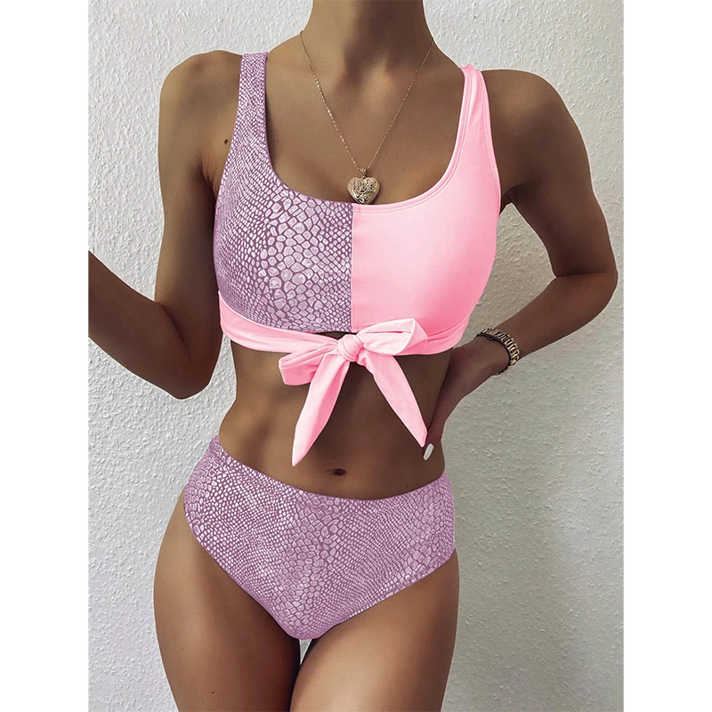 

Snakeskin Patchwork Sexy Bikini Set Women New Backless Front Bandage Push Up Padded Bathing Suit Colorful High Waist Swimsuit
