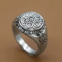 925 sterling silver old silver craftsman carved handmade glossy round lotus six character true word ring for men and women