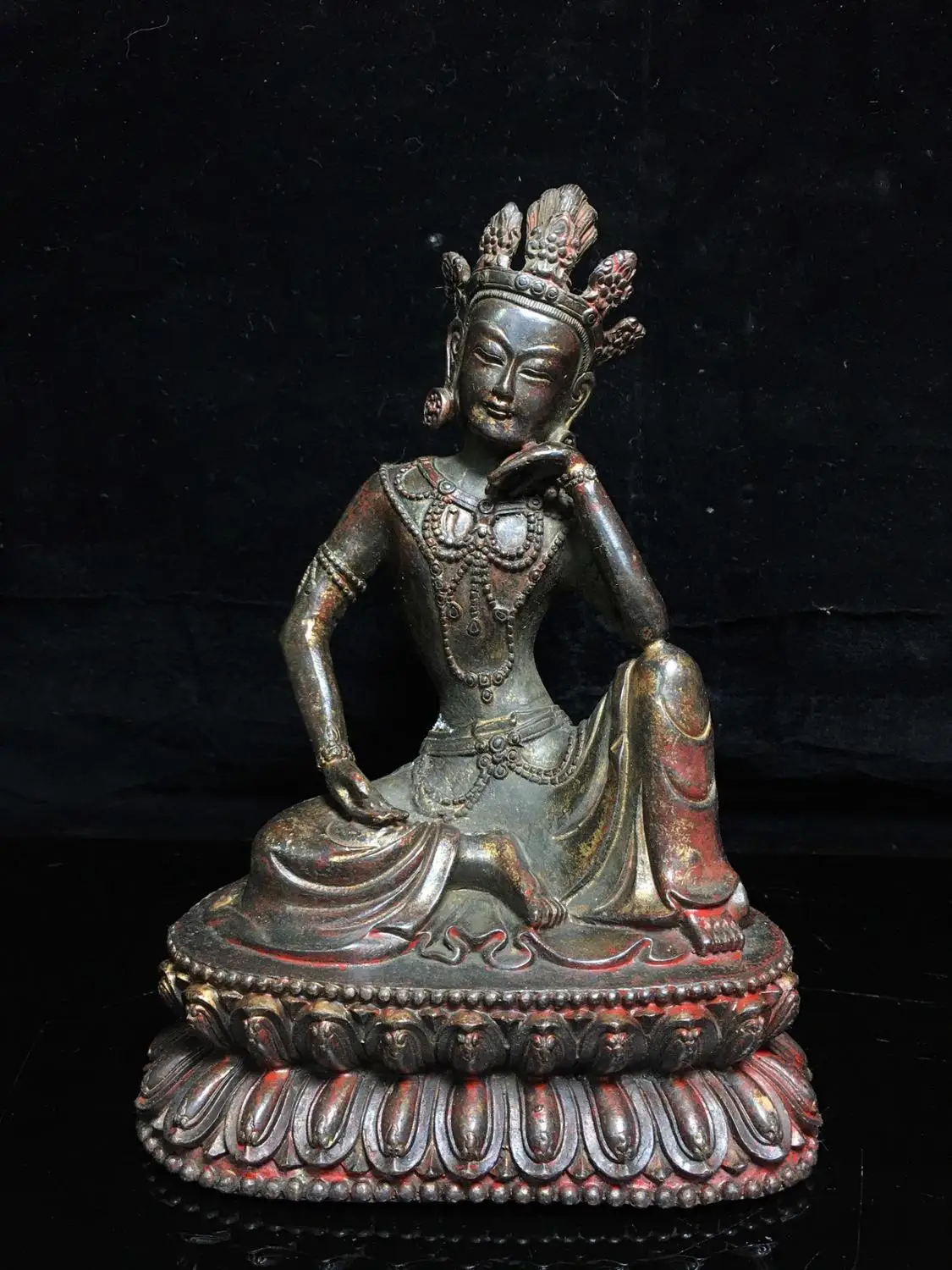 

Home Decor 8" Tibet Buddhism Temple Old Bronze Cinnabars White Tara Guanyin Buddha Statue Avalokitesvara Enshrine the Buddha