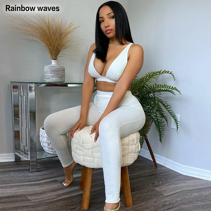 

Женский укороченный топ и леггинсы Rainbowwaves без рукавов с V-образным вырезом, комплект из 2 предметов, модная уличная одежда, спортивная одежда...