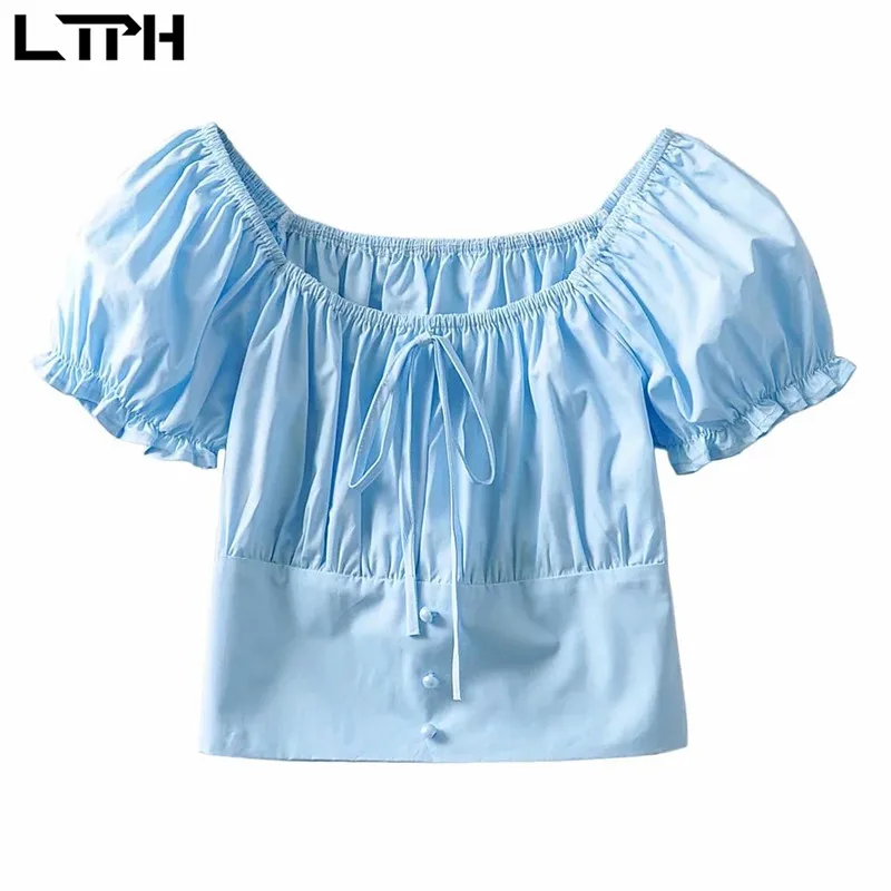 

LTPH vintage blouses for women square collar puff sleeve short tops sweet elegant elastic slim shirt Blouse 2021 summer new