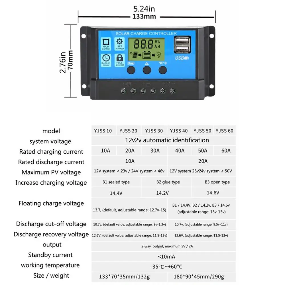 

10-60A PWM Solar Panel Regulator 12V-24V Charge Controller Auto Dual USB Digital Display for Lead Acid Batteries LCD Collector