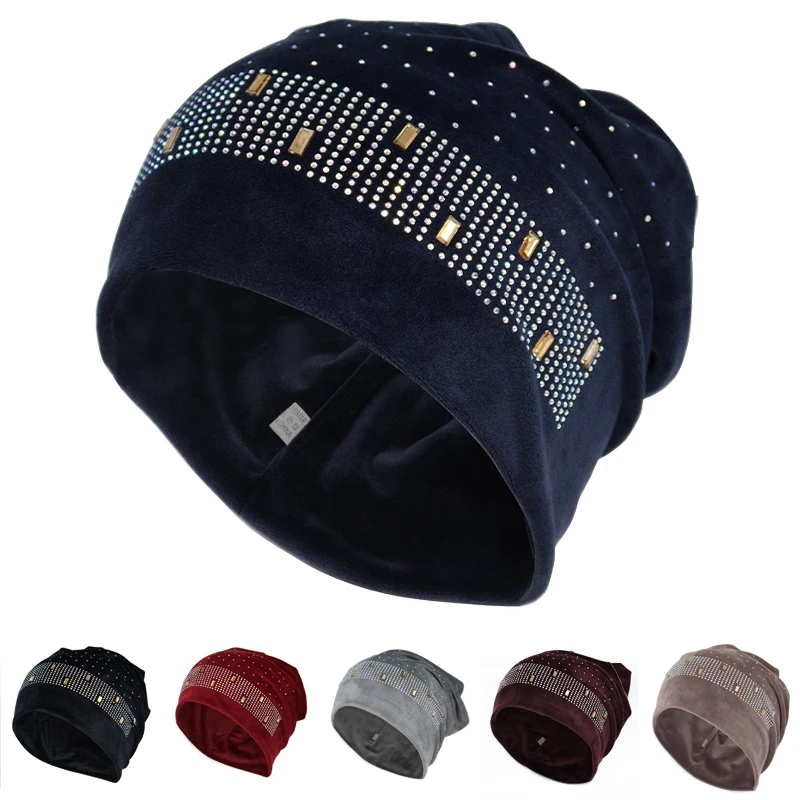 

Brand Winter Velvet Beanies for Women Casual Warm Polyester Slouchy Beanies Hat for Ladies Fashion Rhinestones Skullies&Beanies