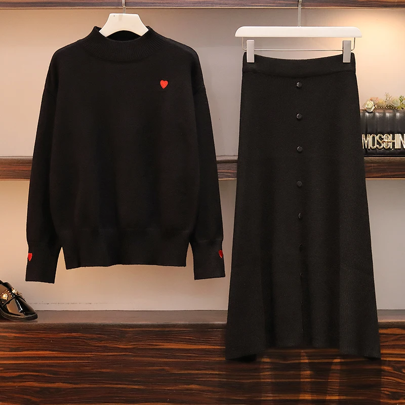 Зимние теплые трикотажные костюмы размера плюс женский толстый свитер и черная