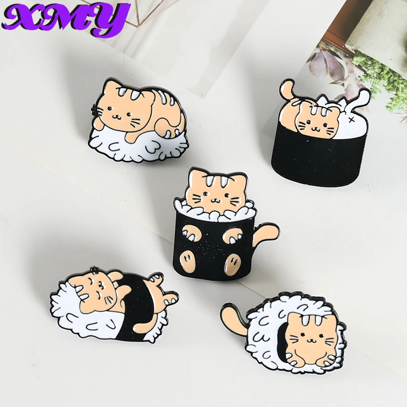 

Cat Sushi Rice Ball Enamel Pins Custom Cute Animals Japanese Foods Brooch Lapel Badge Bag Cartoon Jewelry Gift for Kid Friend