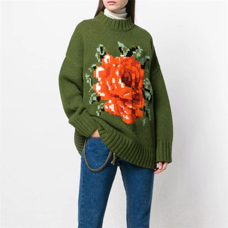 CHICEVER вязаный свитер с принтом для женщин круглый вырез длинный рукав свободный