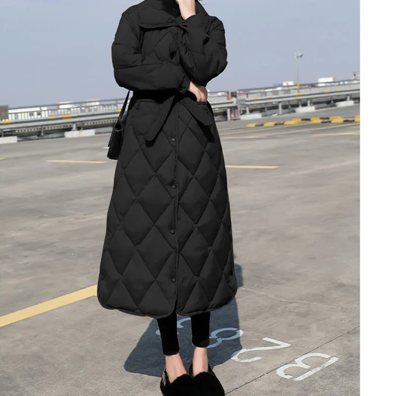 

Зимнее хлопковое пальто для женщин, корейская мода, длинное до колена, с отложным воротником и завышенной талией, тонкая, высокая, тонкая, эл...