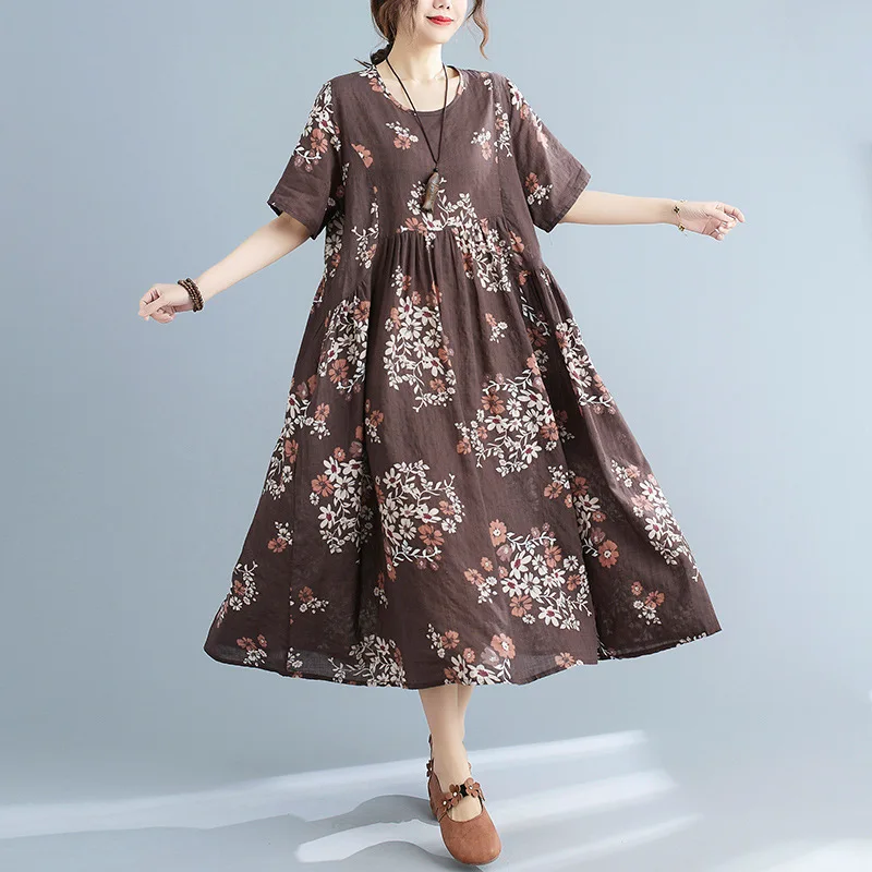 

Summer art RETRO fat mm loose round neck print medium length cotton linen short sleeve dress with pocket