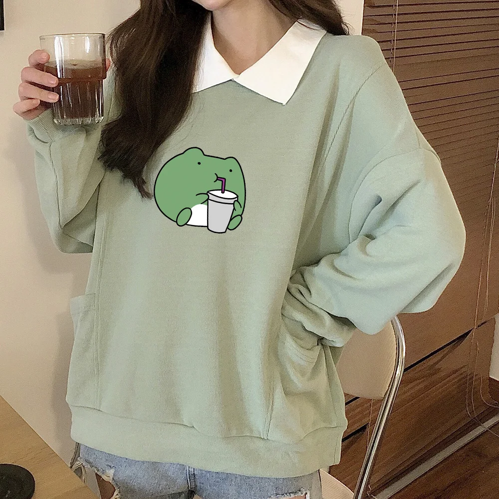 Cute Frog Hoodie for Womens Cotton Pullover Sweetshirt with Pocket Hip Hop Casual All-match Hoodies for Girls Kawaii Clothes