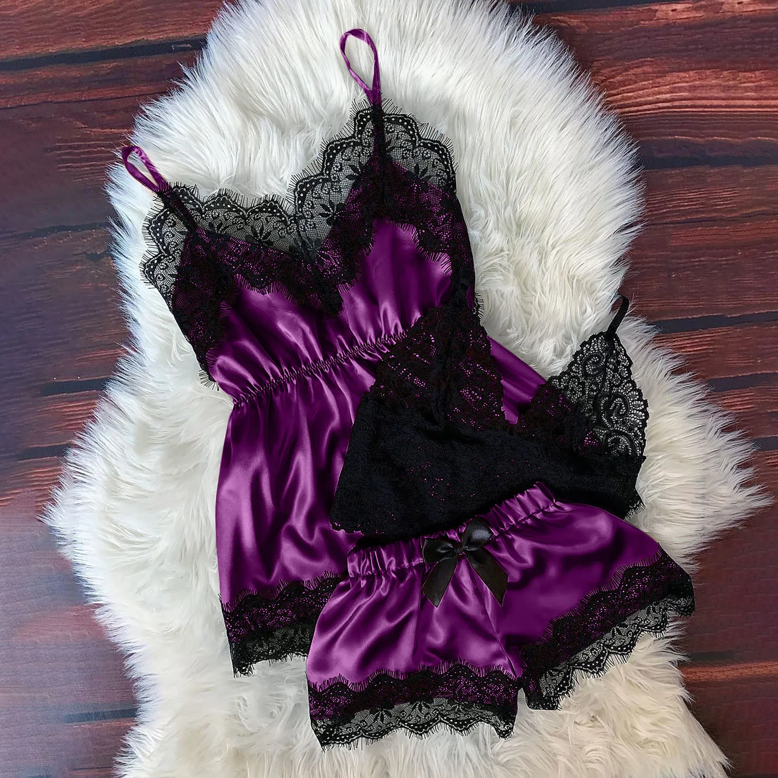 

Women V-Neck Eyelash Lace Sexy Stain Camisole Pajamas Bowknot Shorts Set sexy bras and panties sets for women