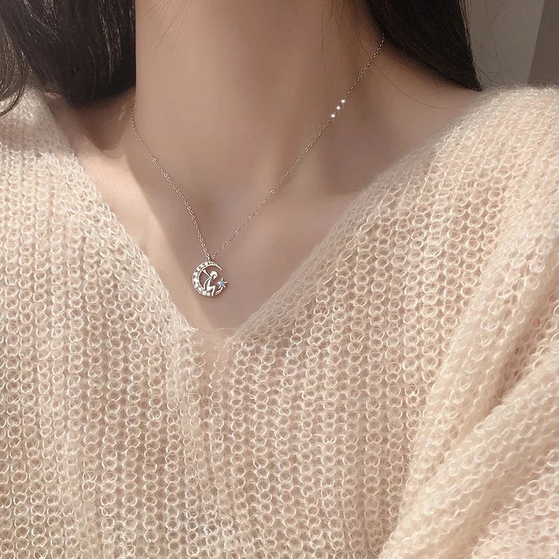 

DIC91 Real 925 Sterling Silver Little Prince and Moon Pendant Necklace Star Moon Necklaces for Women Girls X0003