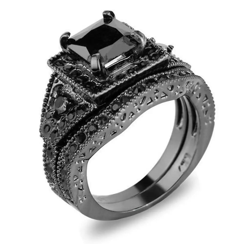 

Luxury Trendy 2pcs Black Crystal Ring for Men&Women Elegant Wedding Party Fashion Charm Jewelry Set