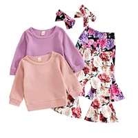 lioraitiin 1 5years toddler baby girl 3pcs pants suits solid color long sleeved waffle tops floral bell bottom pants headband