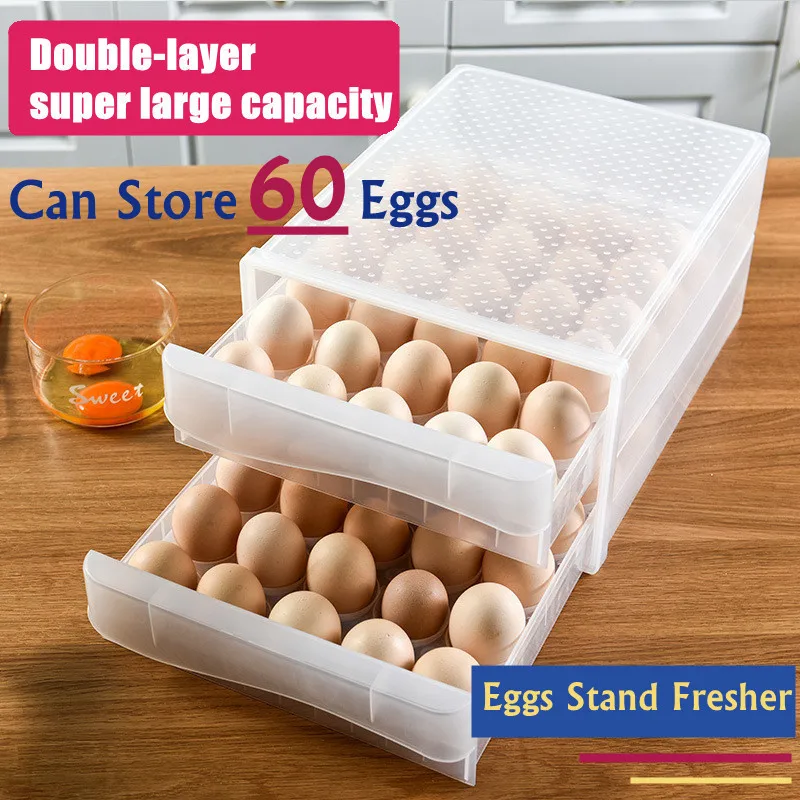 

Kitchen Tools Egg Carton Refrigerator Fresh-keeping Kitchen Storage Box Transparent Double Tray Drawer Type Plastic Egg Box