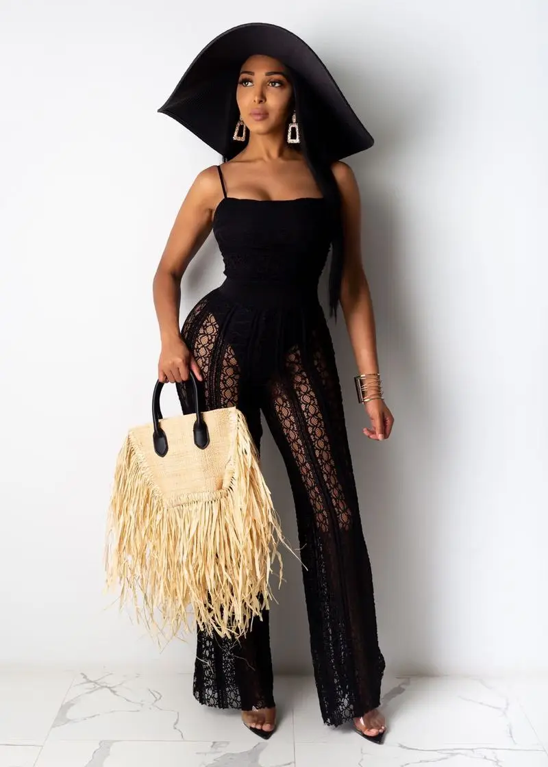 

2020 European and American Sexy Mesh Gauze Strap Solid Color Jumpsuit Women's Summer New Wide Leg Jumpsuit