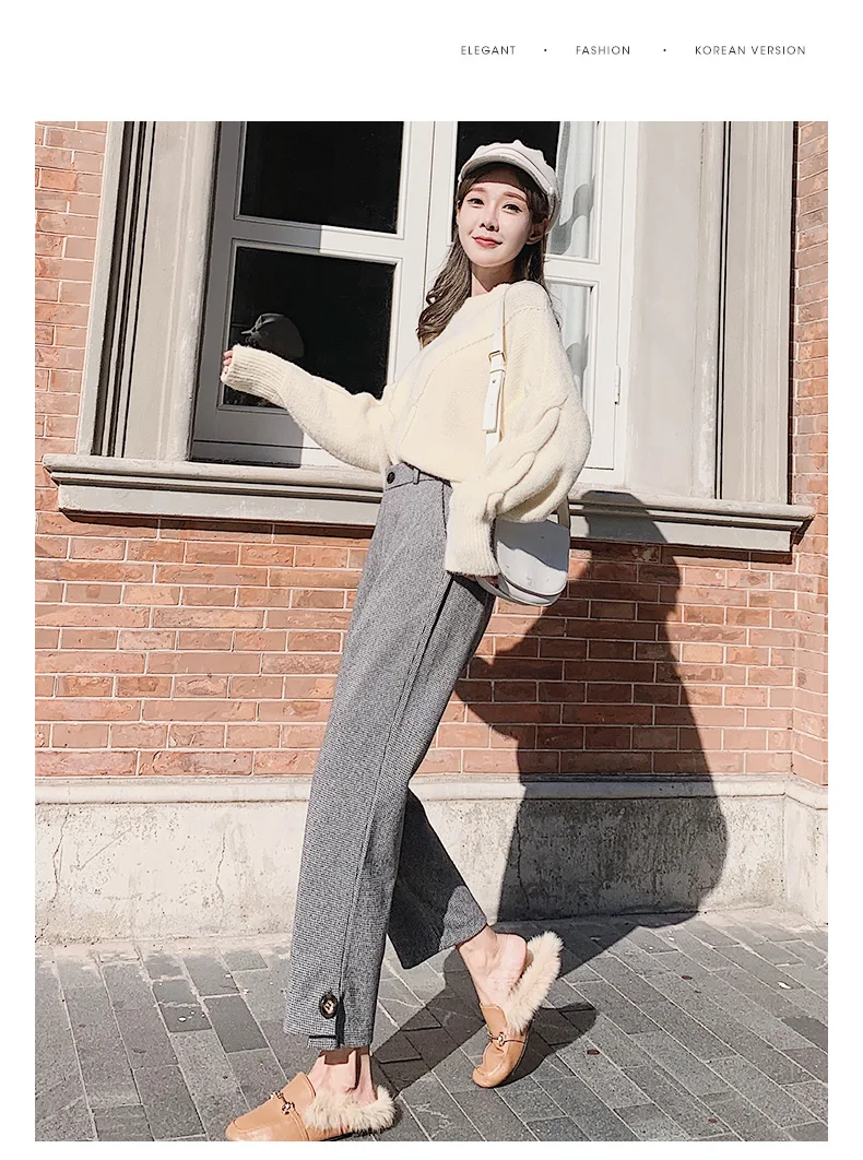 

Fdfklak Women's woolen trousers spring autumn pant women loose straight suit pant nine points plus velvet warm winter pants ins