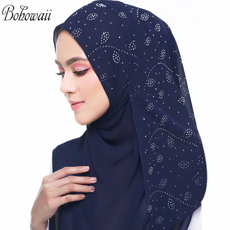 

BOHOWAII New Muslim Scarf Hijabs Chiffon Turbantes Cabeza Para Las Mujeres Diamonds Headscarf Musulman Foulard Femme Cheveux