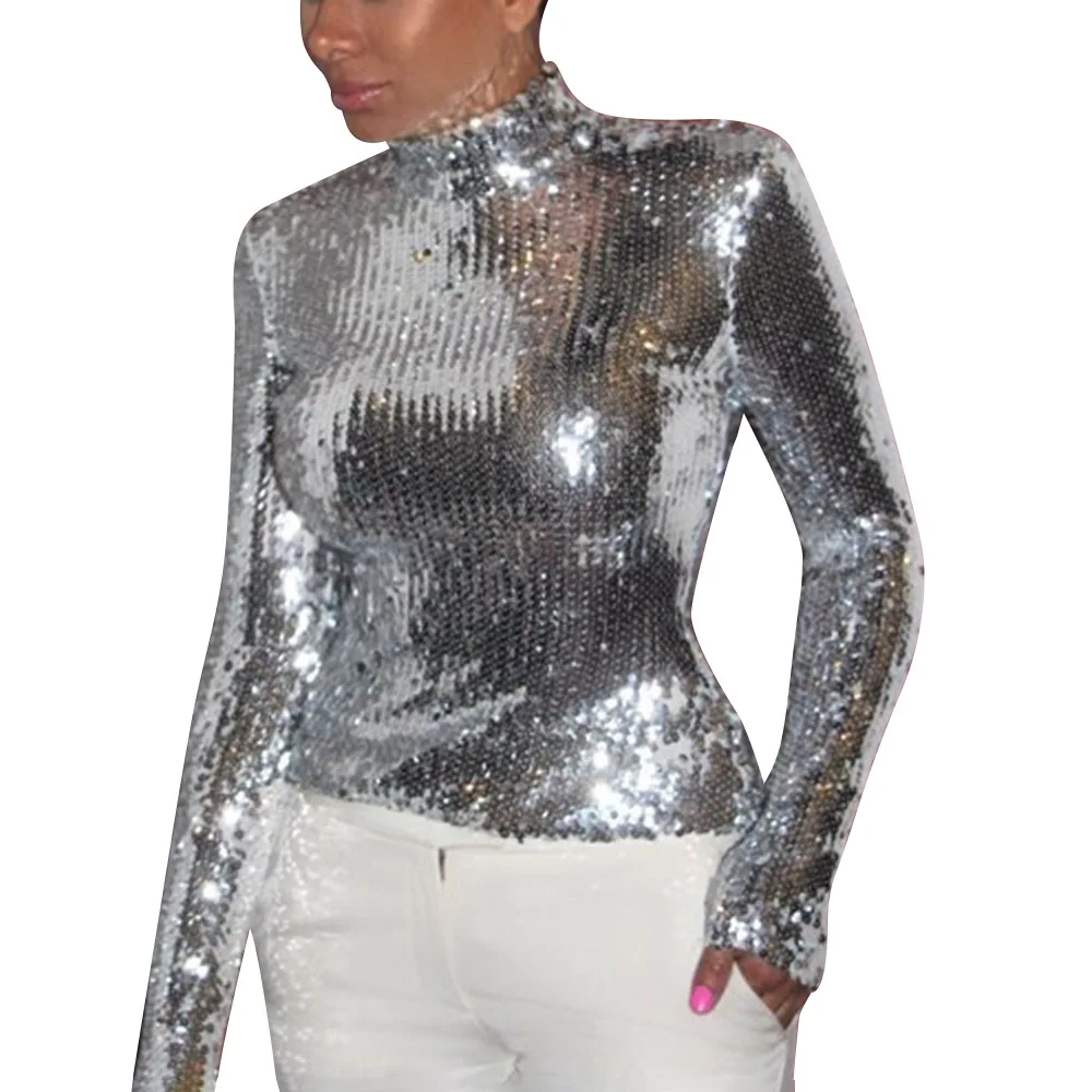 Женская блестящая блузка OMILKA серебристая/Золотистая/черная Клубная с длинными