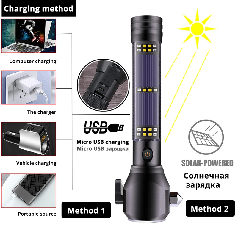 Светодиодный фонарик на солнечной батарее с usb-зарядкой аварийный молоток мощный