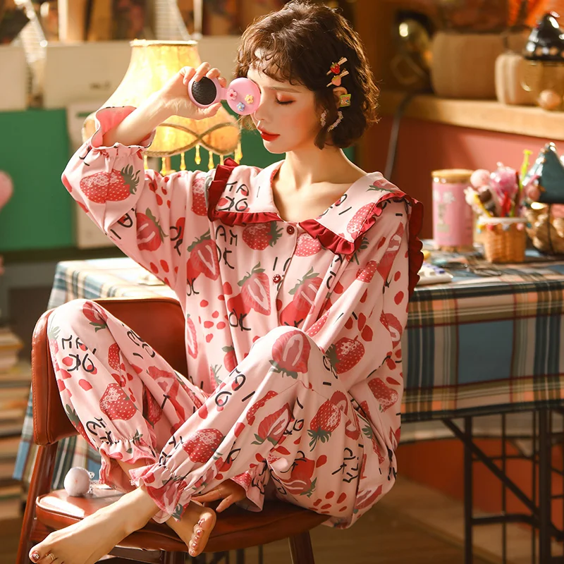 

JRMISSLI Autumn Long-sleeved Pyjama Trousers Strawberry Print Loose Plus Size Women's 2-piece Pajama Set Femme