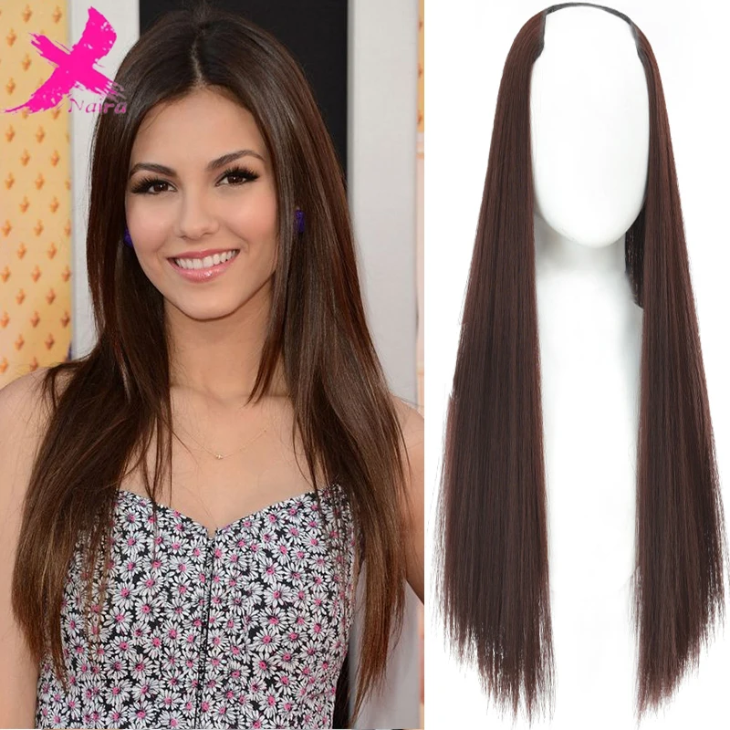 

XNaira Long Straight Wig Synthetic U-Shaped Half Headgear Wig Female Natural Black Brown Heat Resistant Fake hair