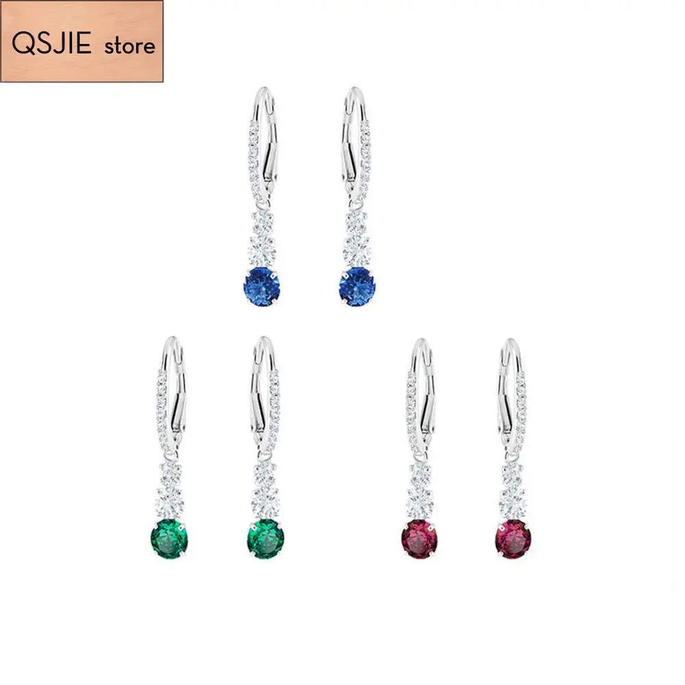 

QSJIE High quality SWA noble three step crystal colorful Water Drop Earrings Blue Zircon Earrings Charming fashion jewelry