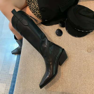 

Retro Western Cowbot Boots Genuine Leather Pointed Toe Thick Heel Med Side Zipprt Mid-Calf Fashion Woman Boots 2021 Winter Shoes