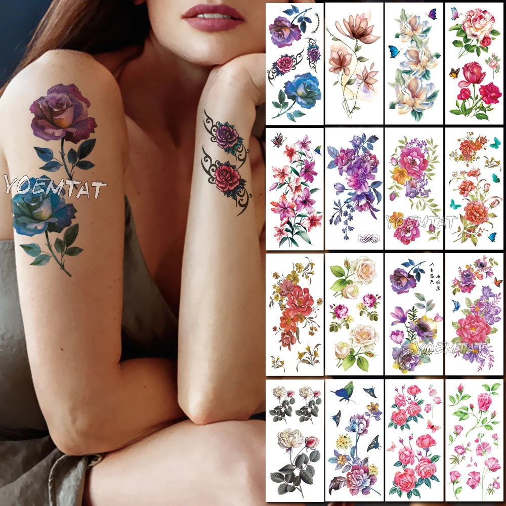 

Blue Purple Watercolor Rose Temporary Tattoos for Women Tattoo Sticker 3D Jewels Style Body Chest Neck Art Waterproof Fake Tatoo
