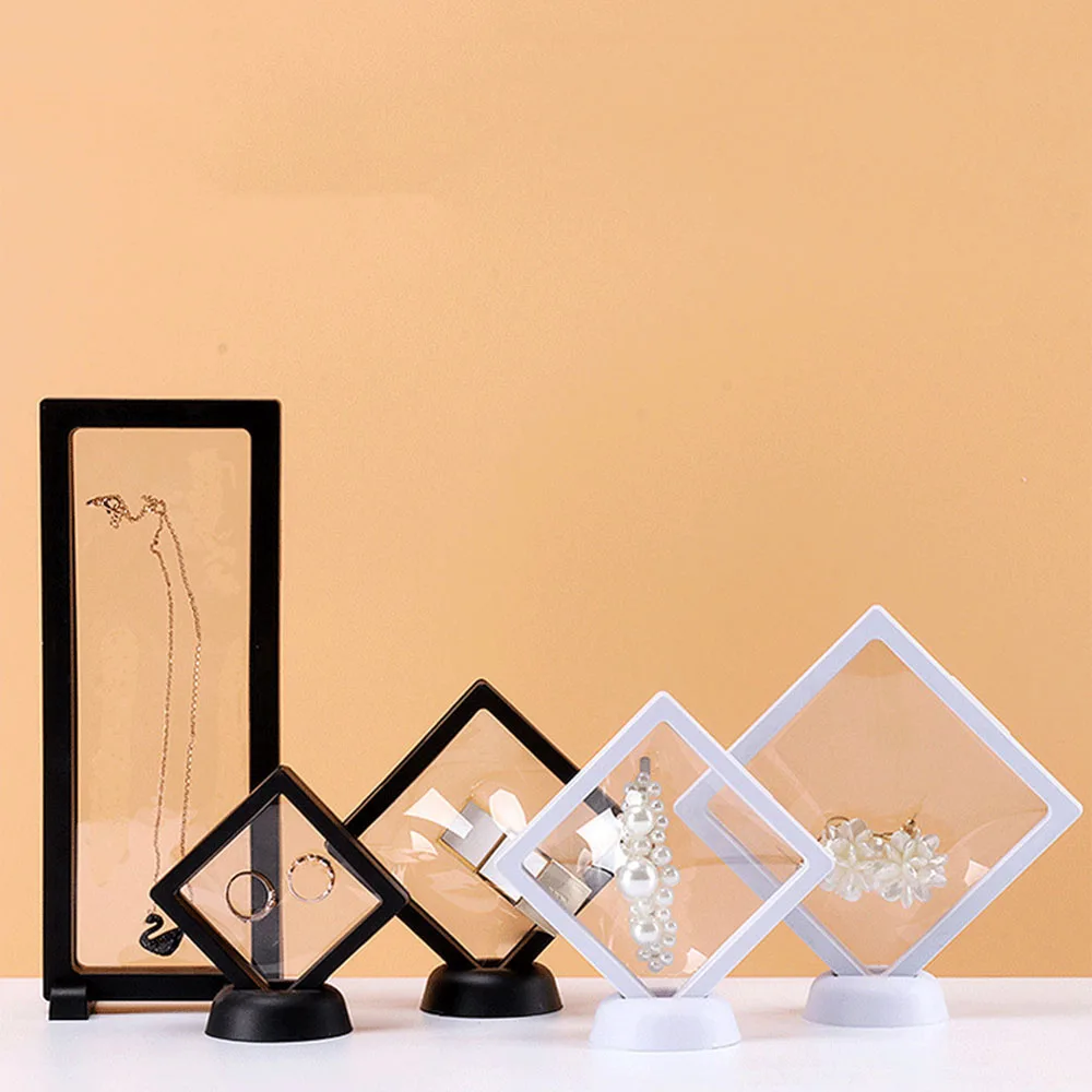 

Transparent Jewelry Ring Earrings Bracelet Protection Case Membrane Frame Necklace Display Holder Stones Coin Floating Stand Box