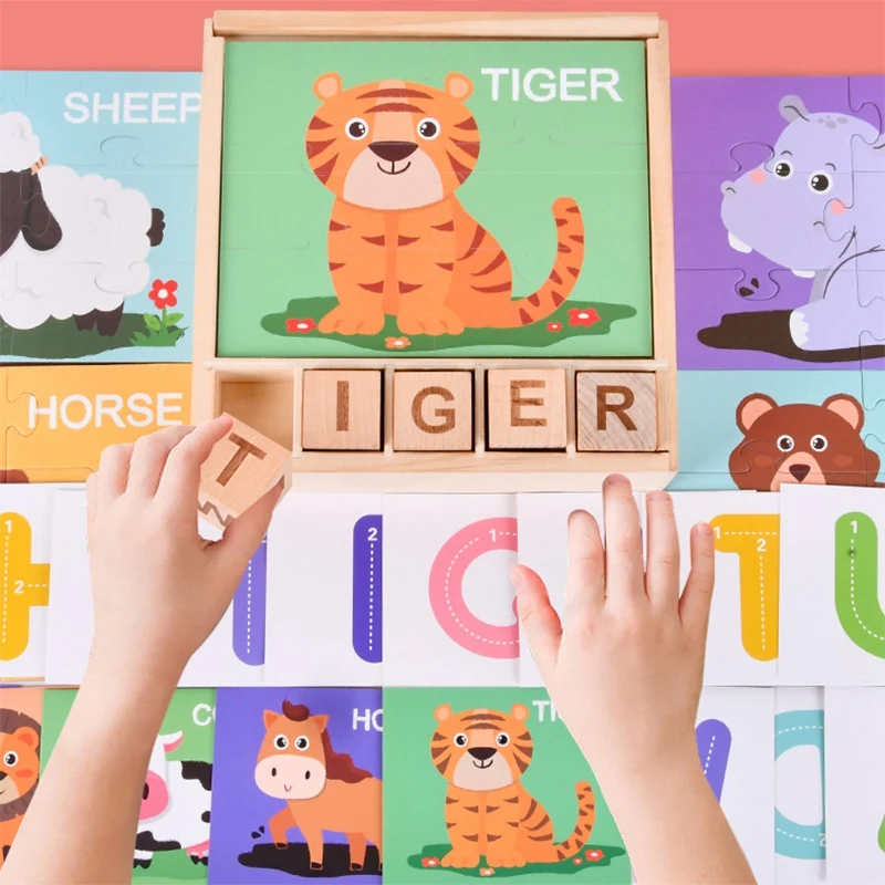 

Kids Spelling Games Wooden Matching Letters Toy with Flash Cards Alphabet Learning Educational Puzzle Gift