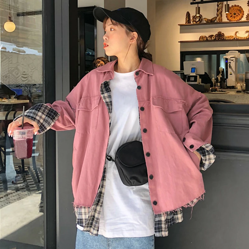 Pink Harajuku стиль куртка оверсайз Женщины обе стороны могут носить хип хоп Уличная плед пальто пэчворк и куртки женщины - Цвет: Pink