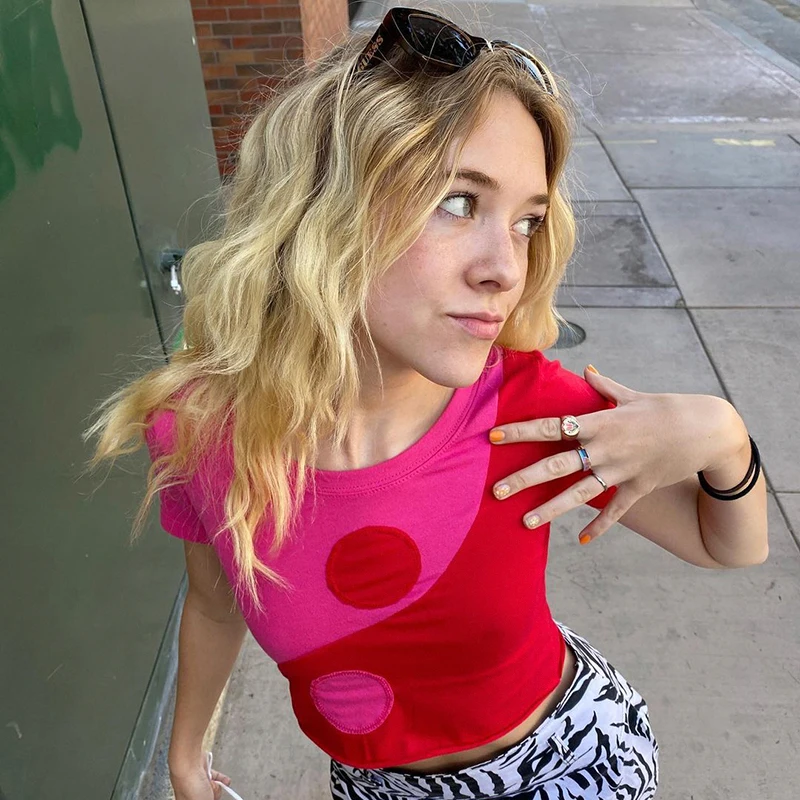 

Rockmore Contrast Patchwork T Shirts y2k Aesthetic Crop Top Short Sleeve Tee Harajuku Tshirt Streetwear Women Vintage EGirl Pink