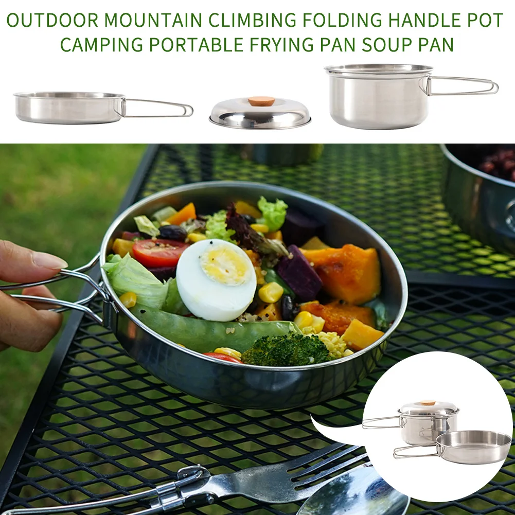 

Folding Handle Pot Stainless Steel Camping Pan With Foldable Handle Storage Bag Outdoor Camping Backpacking With Foldable Handle