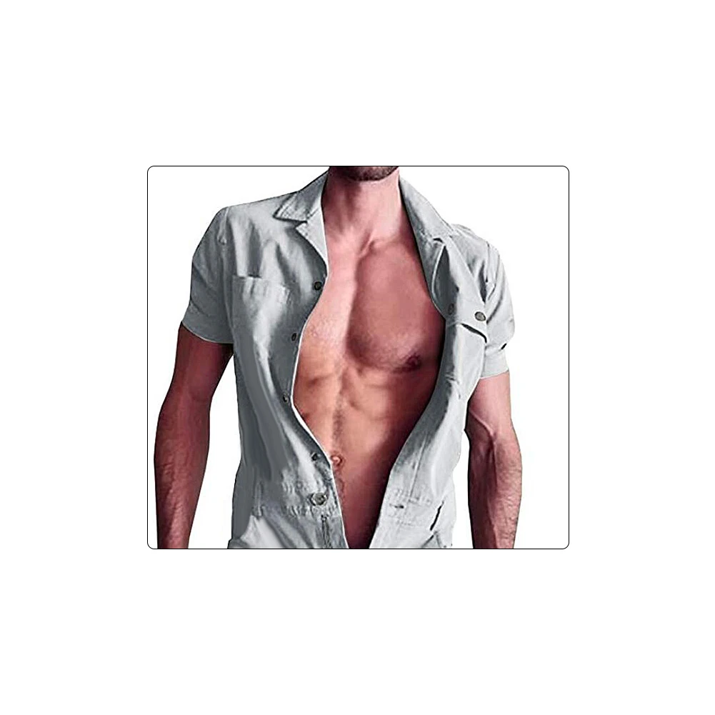 

Men Solid Color Short Sleeve Pockets Button Jumpsuit Romper Overall Work Clothes