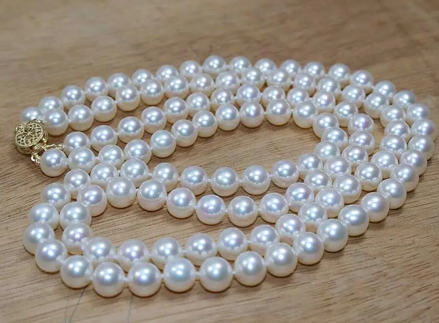 2 row AAA 8-9mm white round Freshwater genuine cultured Pearl necklace 17
