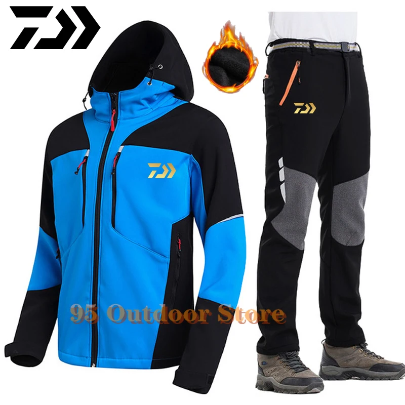 

Daiwa Men Waterproof Softshell Fleece Jackets and Pant Outdoor Trekking Camping Hiking Sets Winter Windproof Climb Fishing Suits