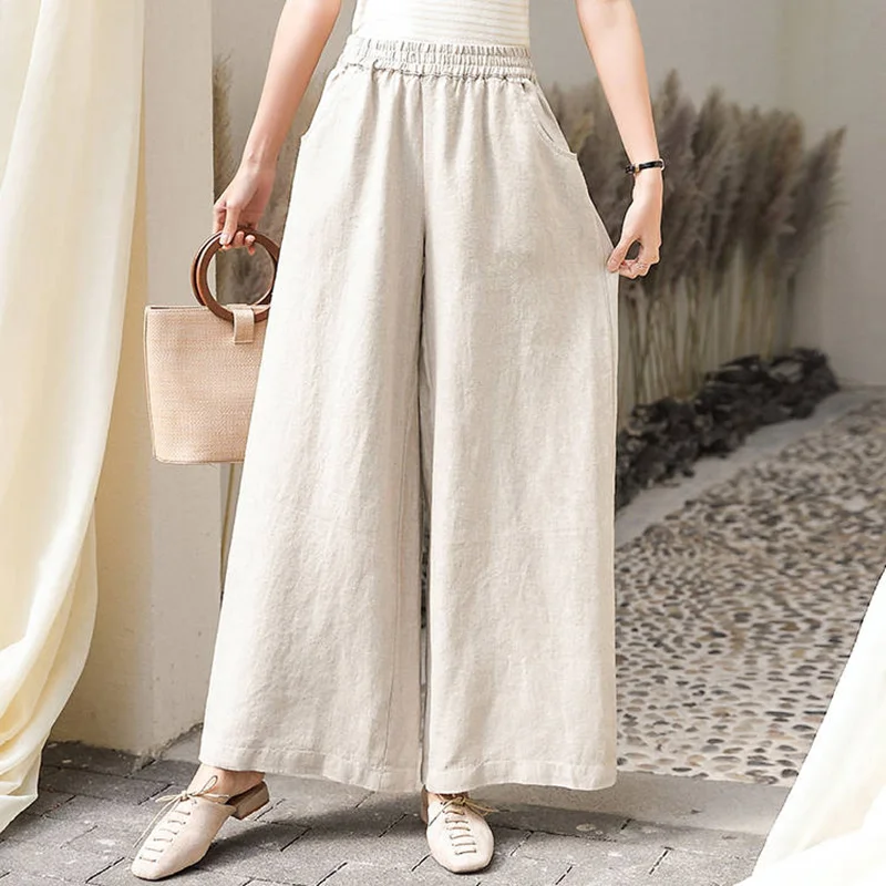 

High Waist Women Casual Wide Leg Pants New Arrival 2020 Summer Fashion Korean Style Cotton Linen Loose Female Trausers