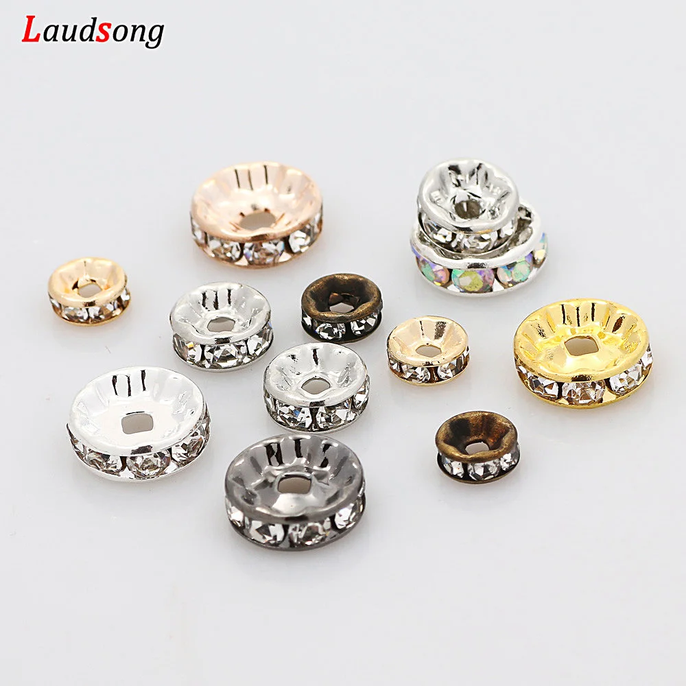 

50pcs 4/6/8/10mm Metal Rhinestone Loose Beads Rondelles Crystal Spacer Beads For Jewelry Making Bracelet Necklace DIY Findings