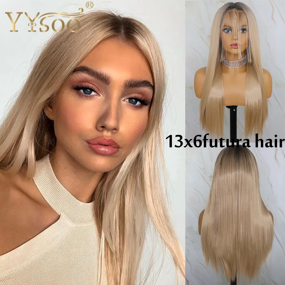 YYsoo13x6 длинные прямые без клея синтетические кружевные передние парики темные