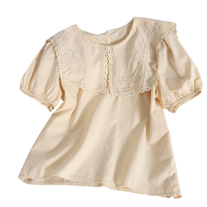 

Kimutomo Fashion Lace Patchwork Shirt Summer New Turn-down Collar Puff Sleeve Slim Korean Elegant Blouse Solid Color Female