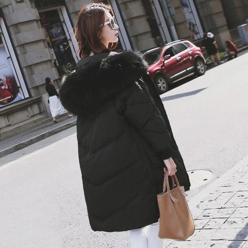 Женский длинный пуховик с большими карманами свободная парка в Корейском стиле