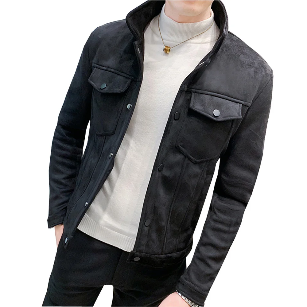 

Harajuku High Quality Button Unique Designer Mens Suede Jackets Coat With Fur Lining Slim fit Motorcycle Tooling jacket Coat